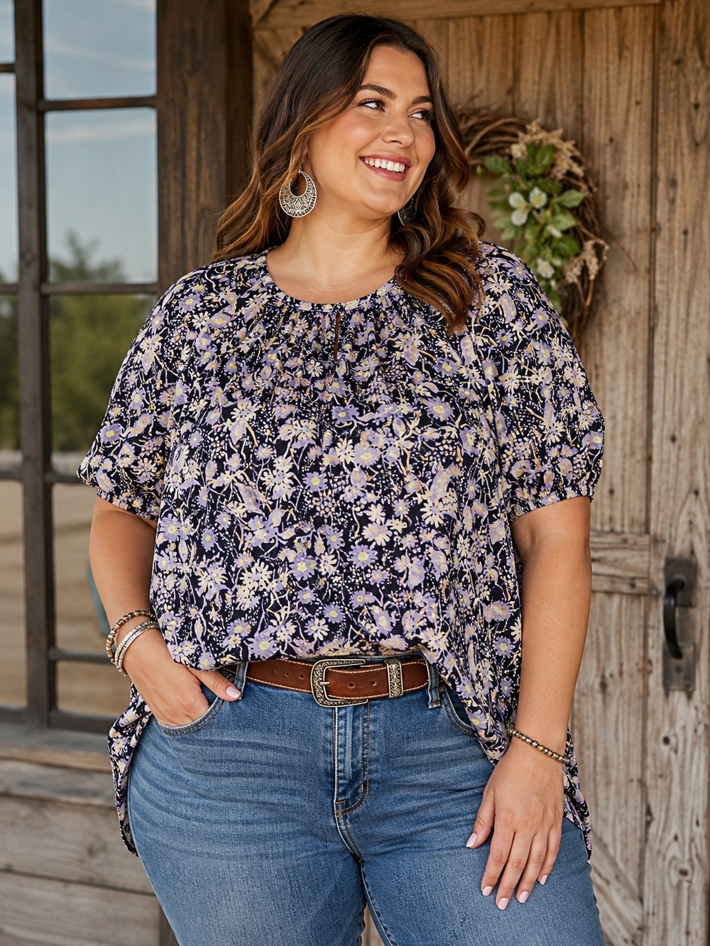 Ava & Viv Purple Floral Puff Sleeve Blouse. In EUC